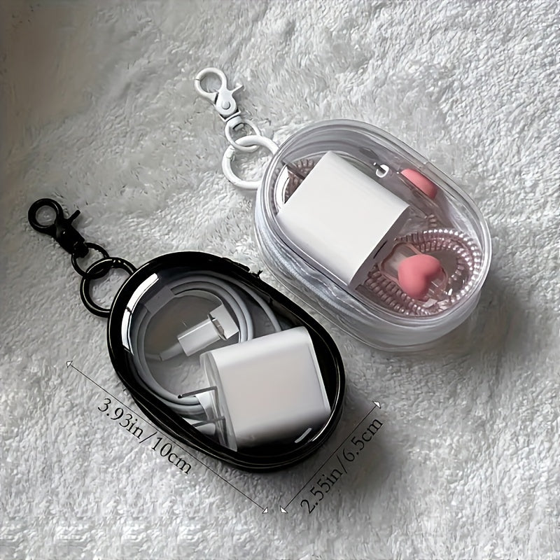 One Portable PVC Cable Storage Box, Casual Style Transparent Charger Storage Box for Headphones and Data Cables, Portable Cable Organizer with Keychain for Chargers, Can also be used to store headphones, cables, jewelry, etc.